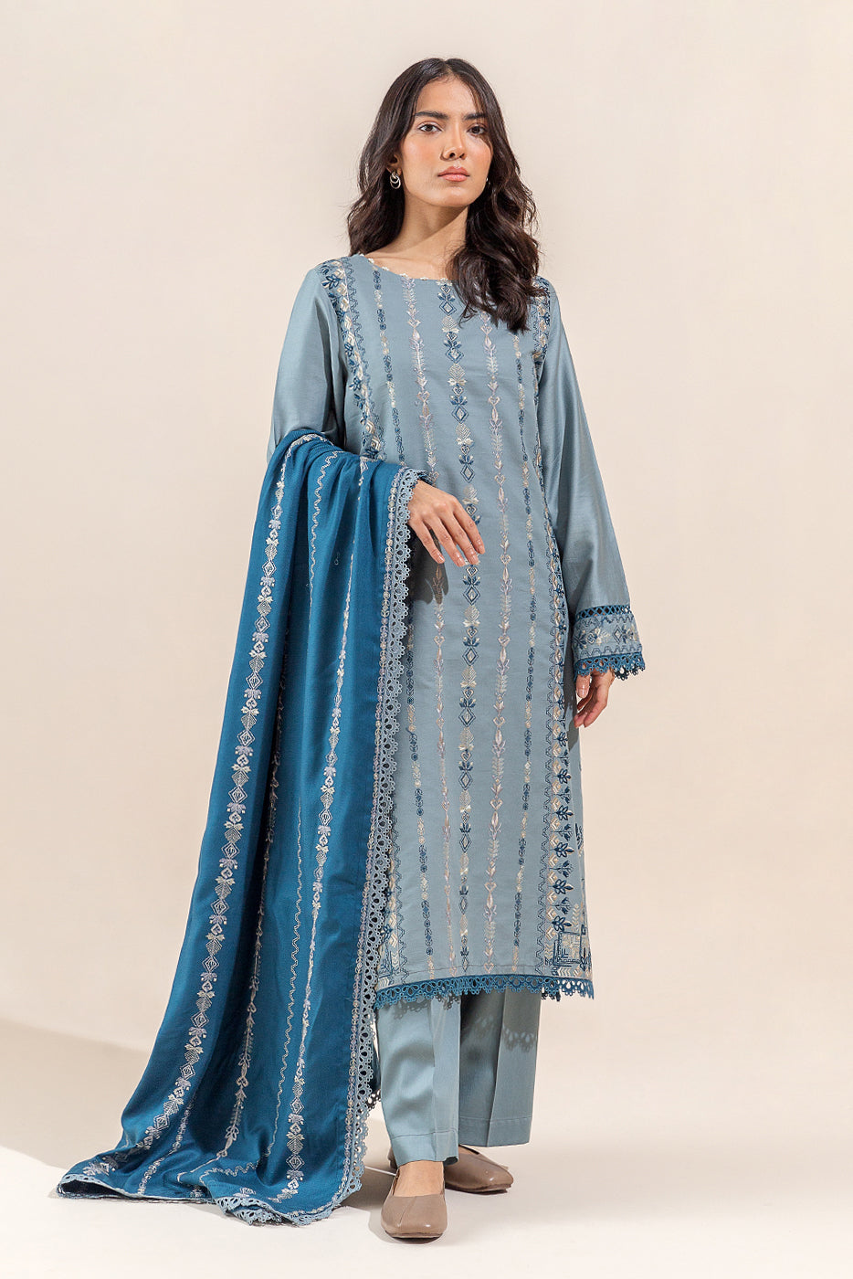 Beechtree - 3 PIECE - EMBROIDERED  COTTON SATIN SUIT - DUSTY SKY (UNSTITCHED)