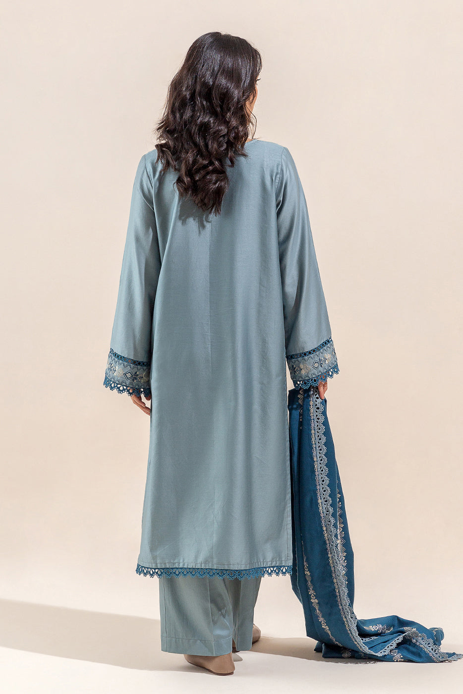 Beechtree - 3 PIECE - EMBROIDERED  COTTON SATIN SUIT - DUSTY SKY (UNSTITCHED)