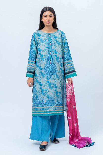 Beechtree - 3 PIECE - PRINTED KHADDAR SUIT - MISTY BLUE (UNSTITCHED)