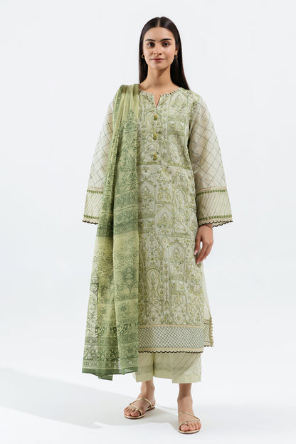 Beechtree - 4 PIECE - EMBROIDERED PAPER COTTON SUIT - OPAL GREEN(UNSTITCHED)