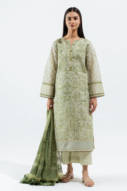 Beechtree - 4 PIECE - EMBROIDERED PAPER COTTON SUIT - OPAL GREEN(UNSTITCHED)