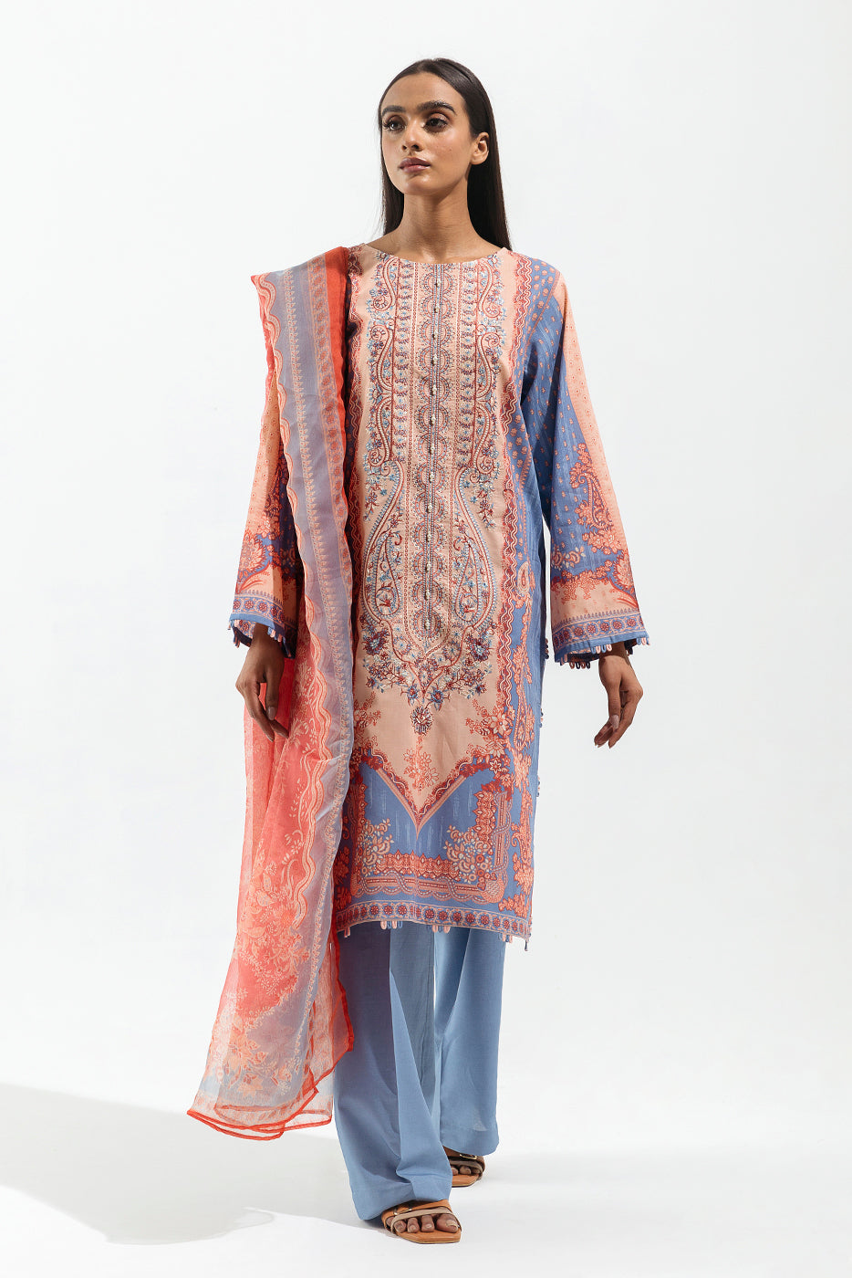 Beechtree - 2 PIECE - EMBROIDERED LAWN SUIT - CERULEAN TANGERINE (UNSTITCHED)
