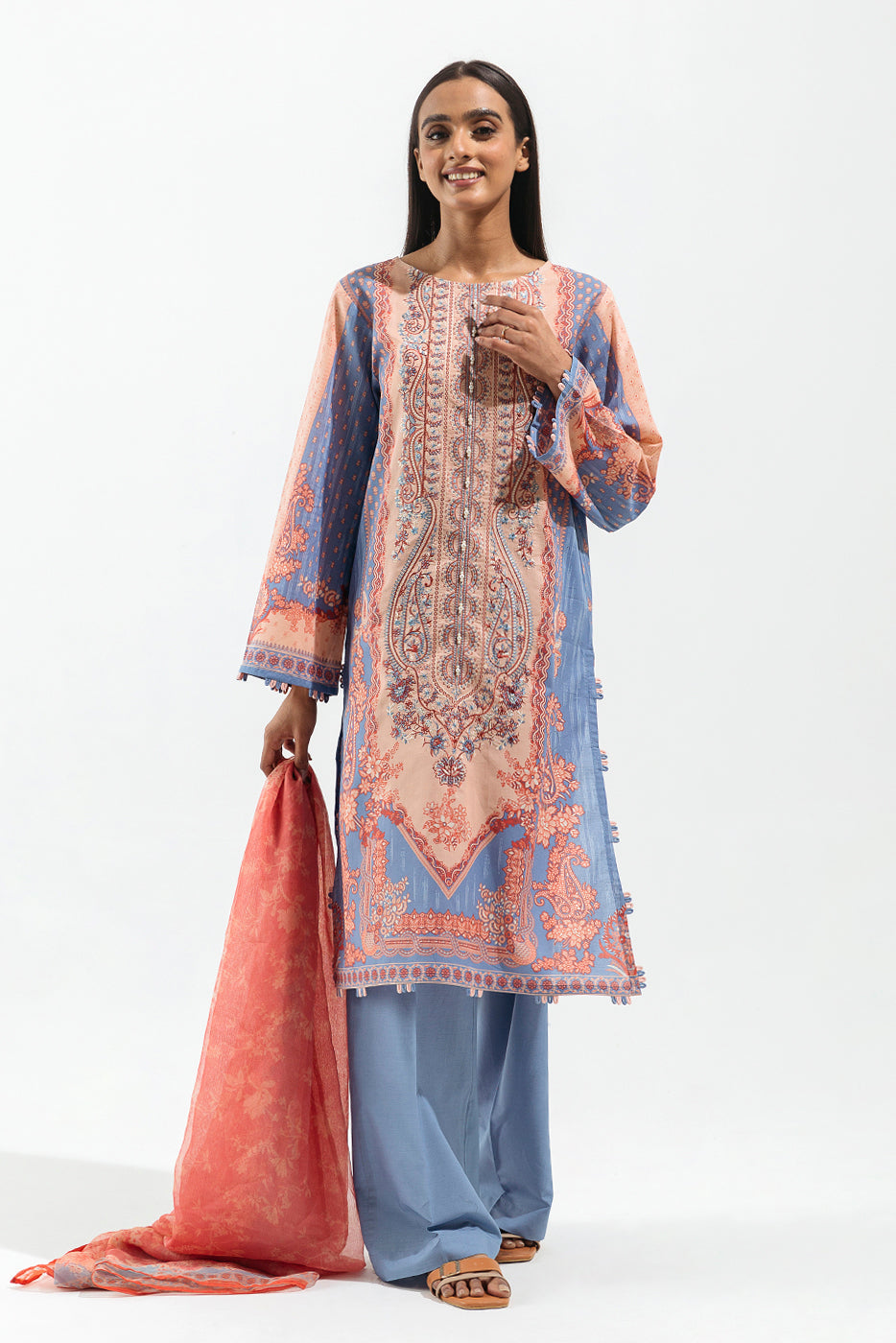 Beechtree - 2 PIECE - EMBROIDERED LAWN SUIT - CERULEAN TANGERINE (UNSTITCHED)