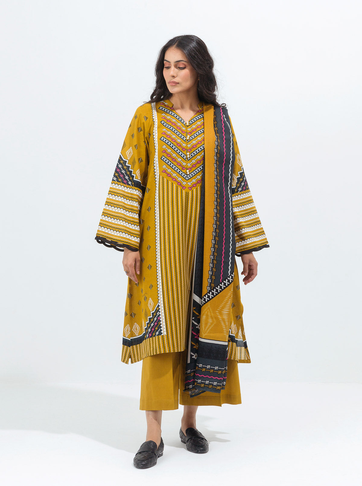 Beechtree - Mustard Mist-Printed With Shawl-3P (UNSTITCHED)