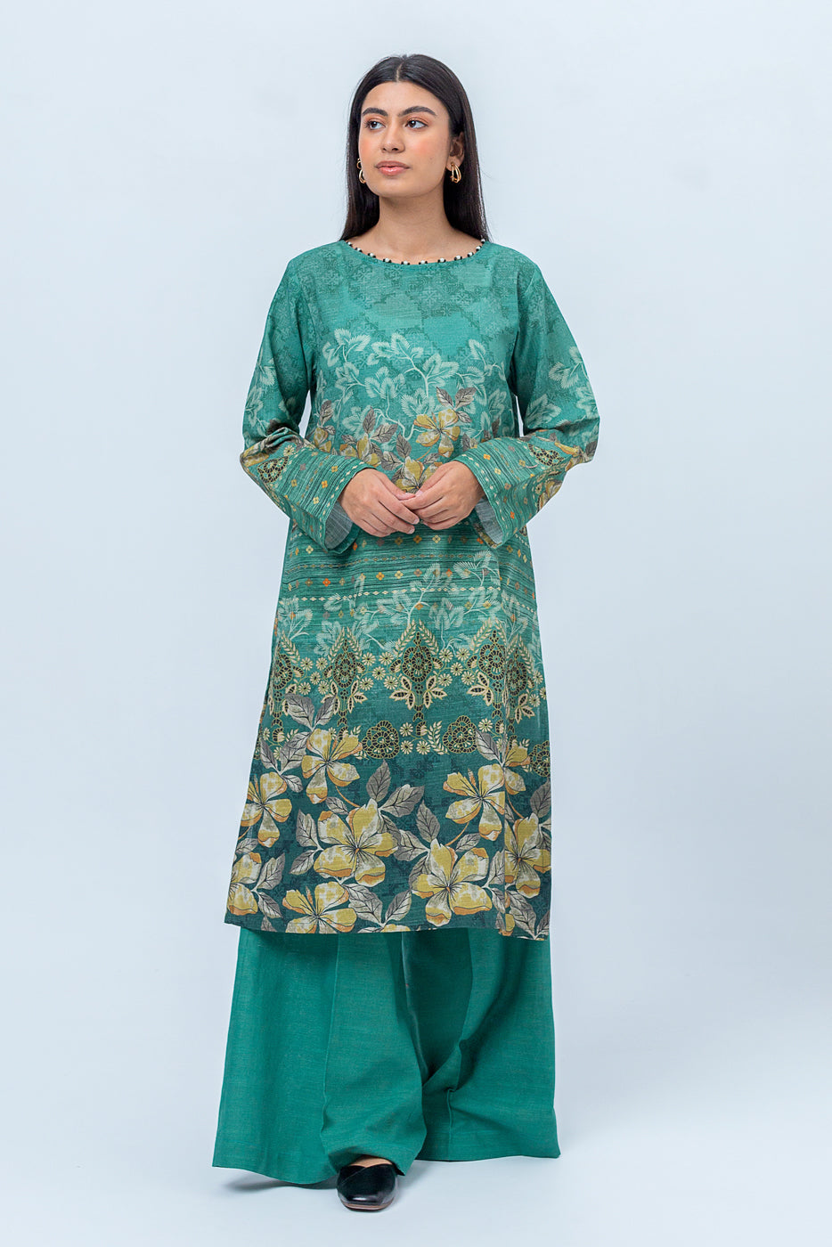Beechtree - 1 PIECE - PRINTED KHADDAR SHIRT - TOPAZ GREEN (UNSTITCHED)