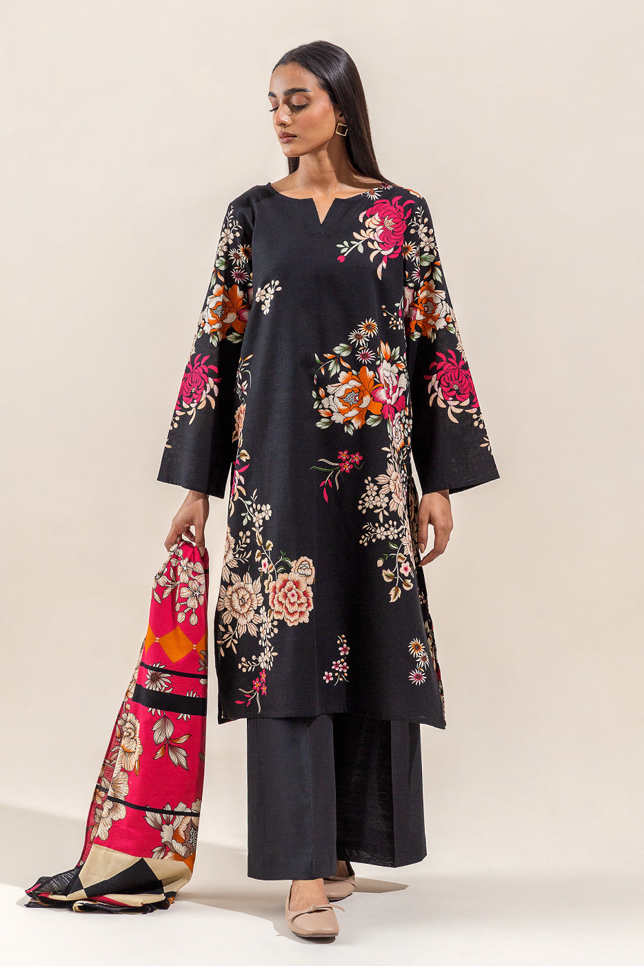 Beechtree - 3 PIECE - PRINTED KHADDAR SUIT - CHARCOAL BLOSSOM (UNSTITCHED)