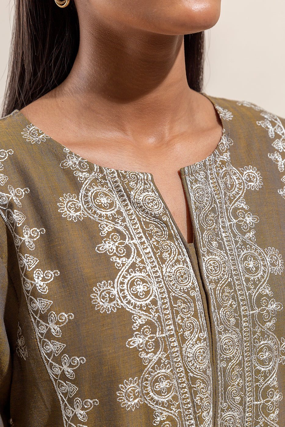 Beechtree - 2 PIECE - EMBROIDERED SHADED KHADDAR SUIT - OLIVE ADORN