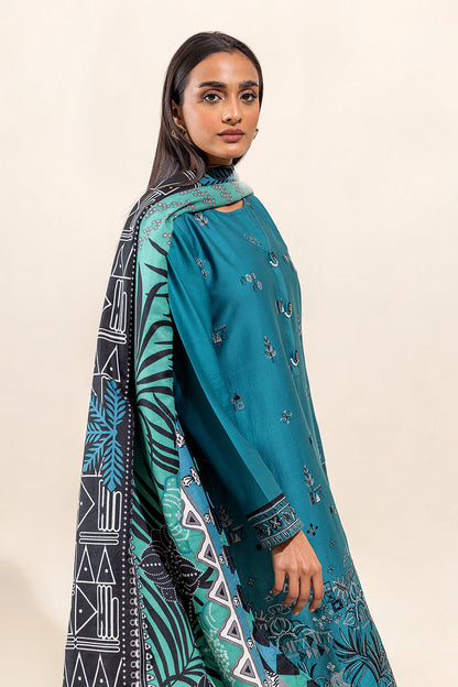Beechtree - 3 PIECE - EMBROIDERED COTTON SATIN SUIT WITH HERRINGBONE SHAWL - CARIBBEAN BOLD (UNSTITCHED)