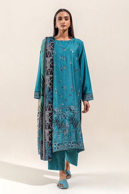Beechtree - 3 PIECE - EMBROIDERED COTTON SATIN SUIT WITH HERRINGBONE SHAWL - CARIBBEAN BOLD (UNSTITCHED)