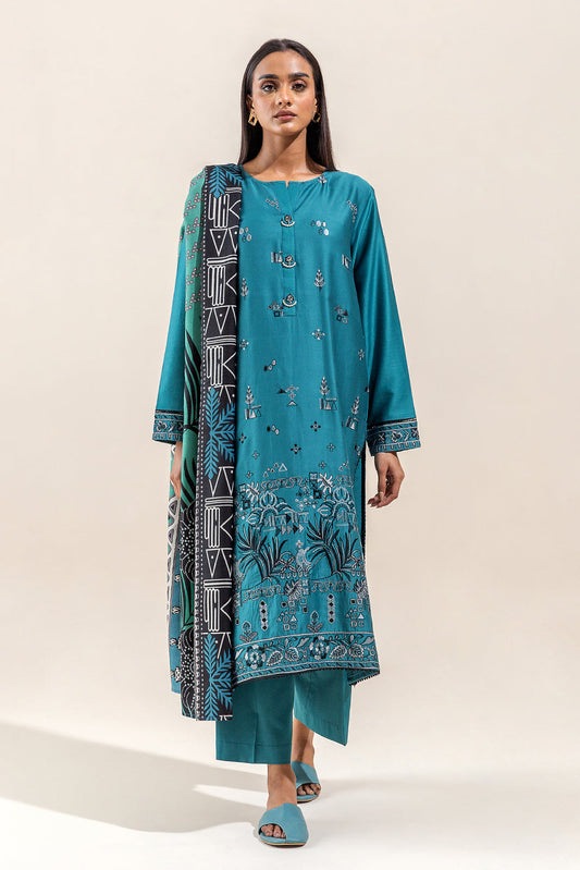 Beechtree - 3 PIECE - EMBROIDERED COTTON SATIN SUIT WITH HERRINGBONE SHAWL - CARIBBEAN BOLD (UNSTITCHED)