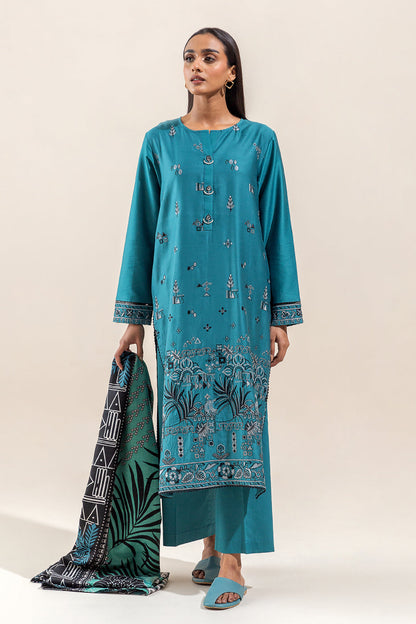 Beechtree - 3 PIECE - EMBROIDERED COTTON SATIN SUIT WITH HERRINGBONE SHAWL - CARIBBEAN BOLD (UNSTITCHED)