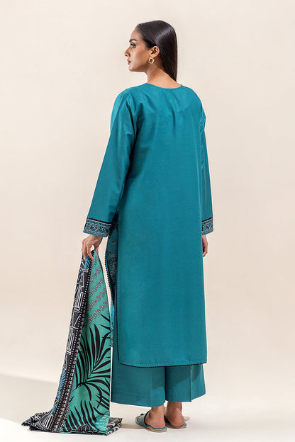 Beechtree - 3 PIECE - EMBROIDERED COTTON SATIN SUIT WITH HERRINGBONE SHAWL - CARIBBEAN BOLD (UNSTITCHED)