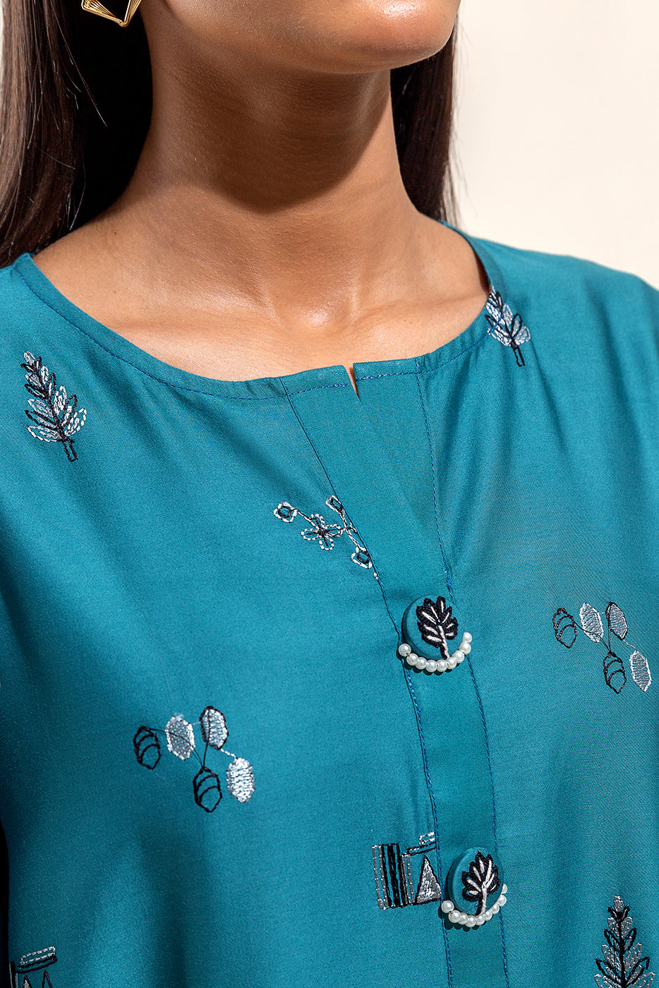 Beechtree - 3 PIECE - EMBROIDERED COTTON SATIN SUIT WITH HERRINGBONE SHAWL - CARIBBEAN BOLD (UNSTITCHED)