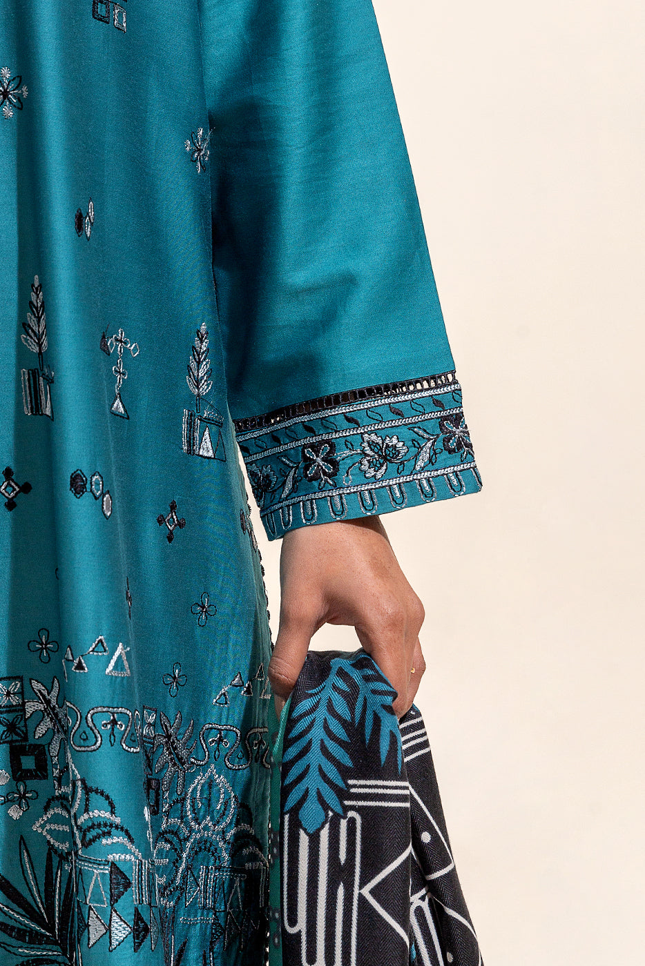 Beechtree - 3 PIECE - EMBROIDERED COTTON SATIN SUIT WITH HERRINGBONE SHAWL - CARIBBEAN BOLD (UNSTITCHED)