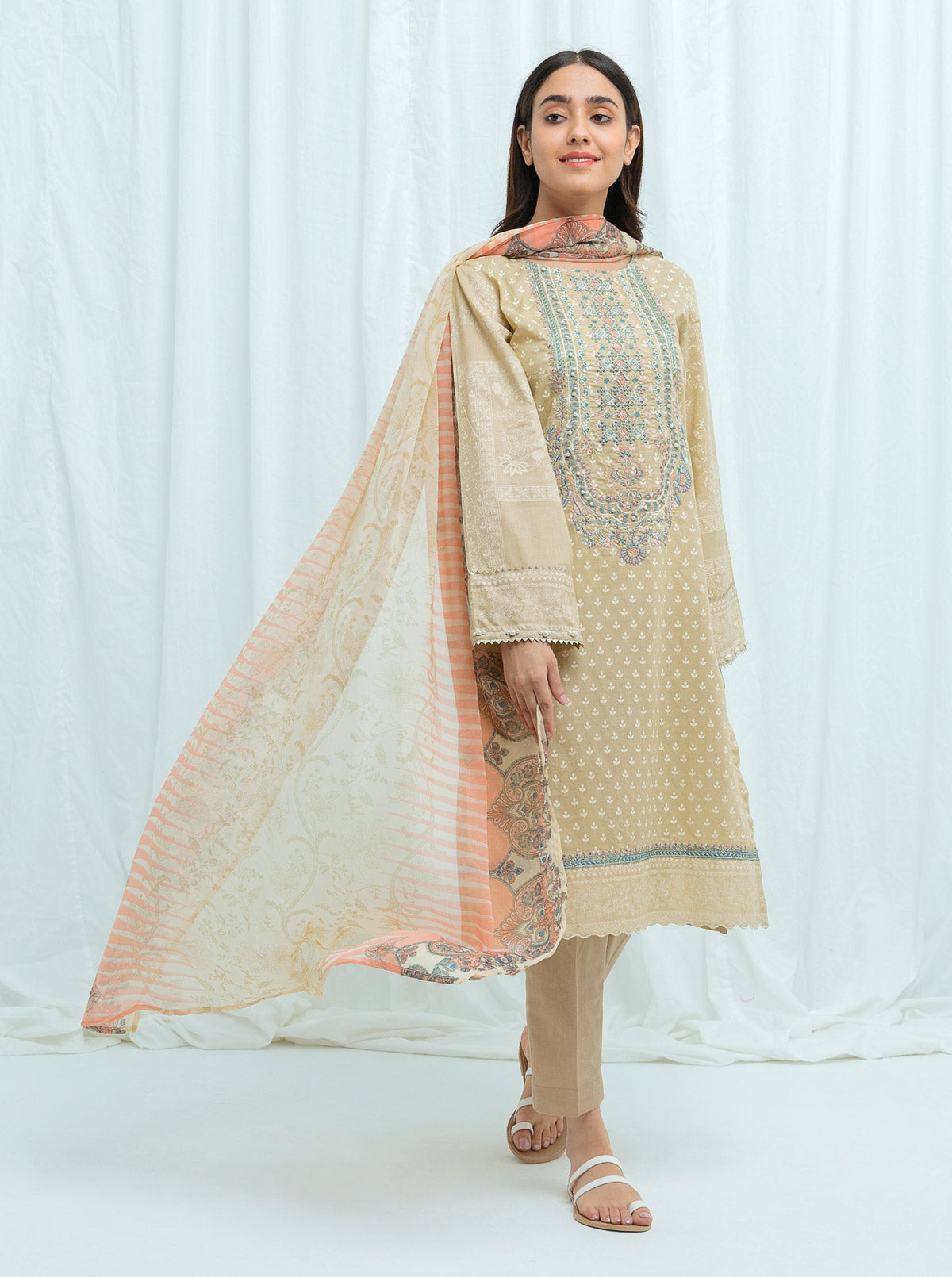 Beechtree - ANTIQUE BEIGE-Embroidered -3P (UNSTITCHED)