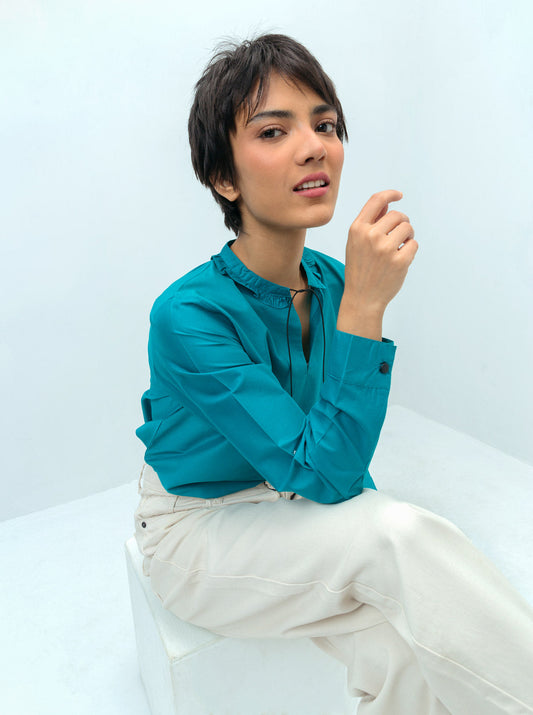 Beechtree - Bright Teal Frill Neckline Top