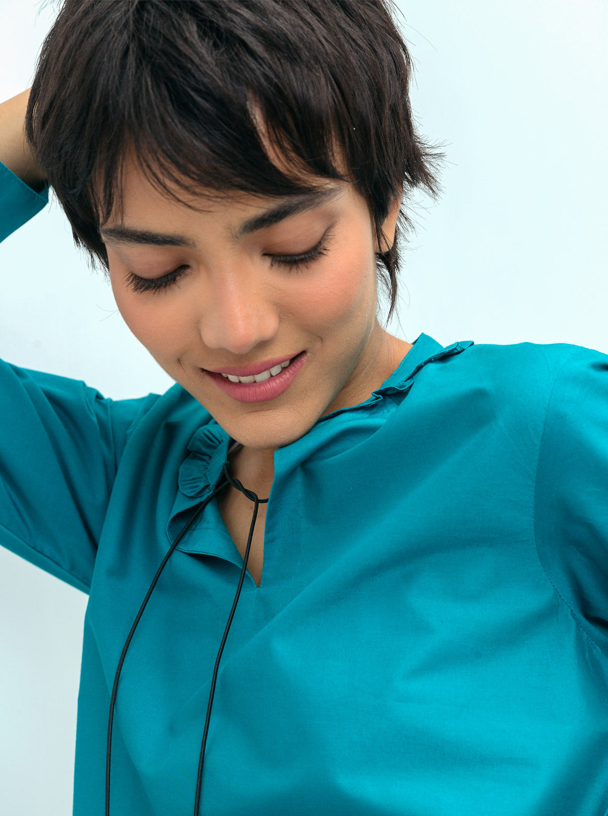 Beechtree - Bright Teal Frill Neckline Top