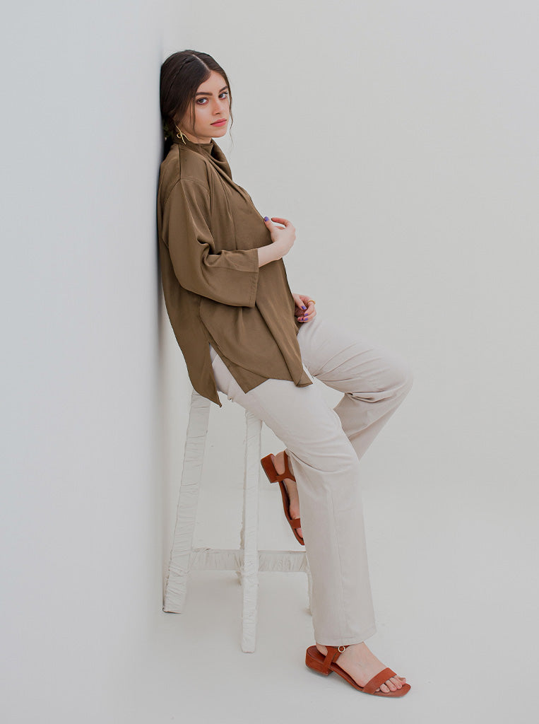 Beechtree - Coffee Draped Neck Blouse