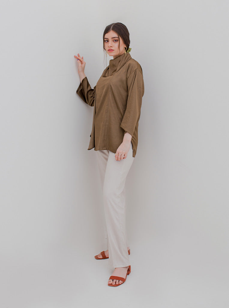 Beechtree - Coffee Draped Neck Blouse