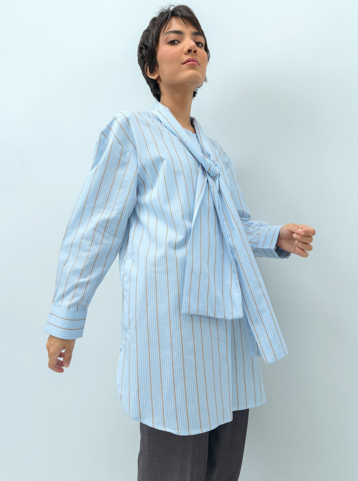 Beechtree - Striped Neck Tie Placket Top