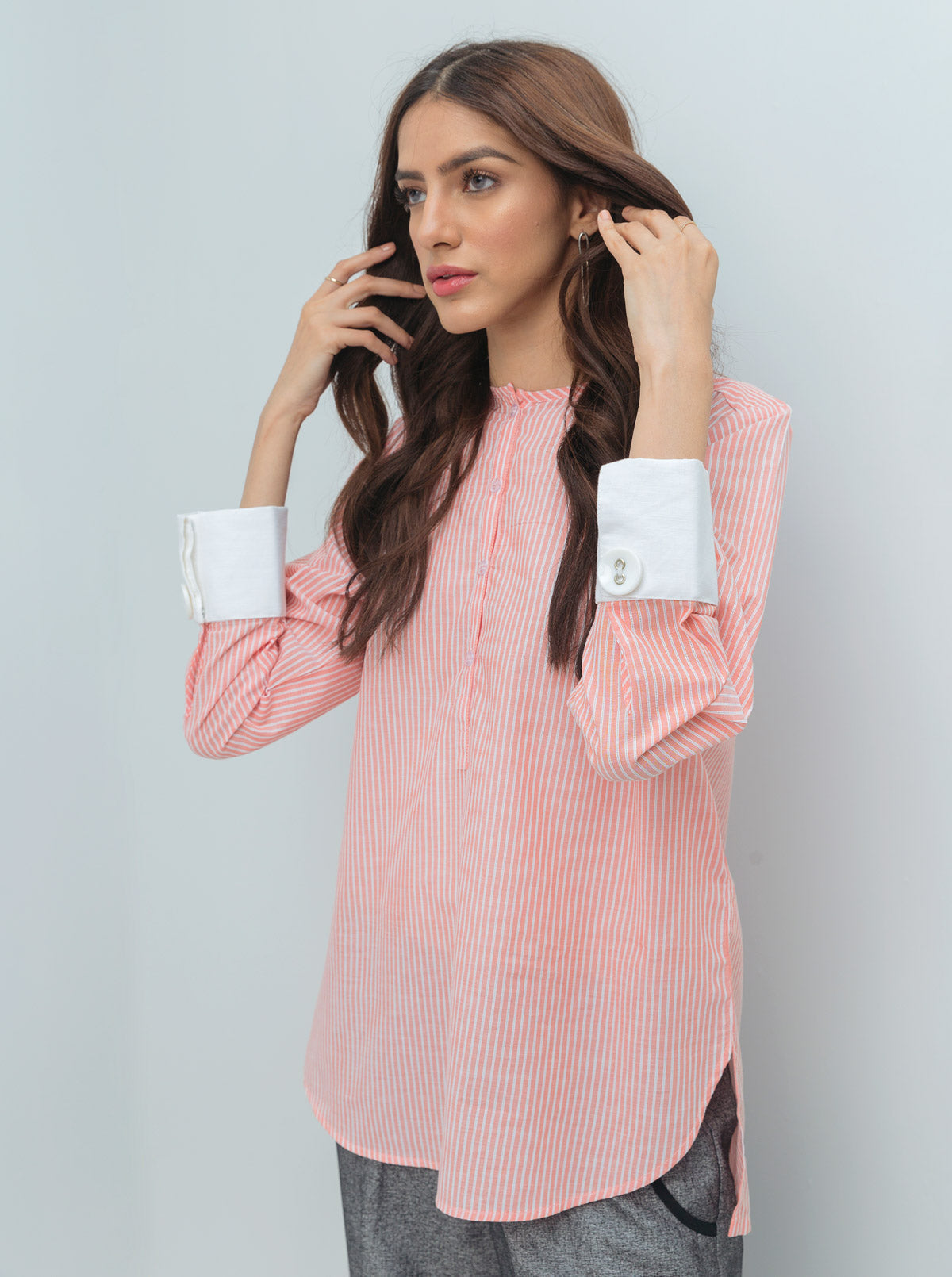Beechtree - Peach Striped Contrast Cuff Top