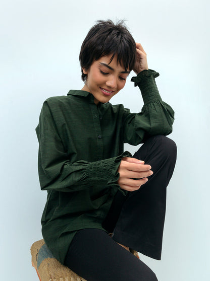 Beechtree - Textured Green Smocked Sleeved Shirt