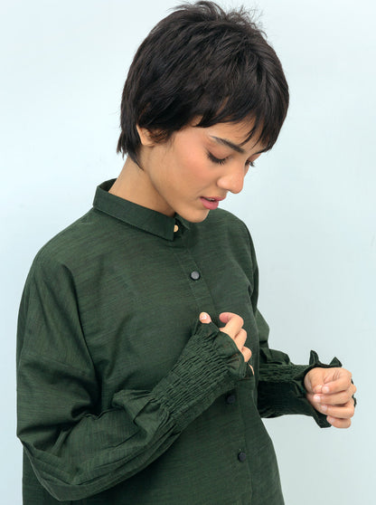 Beechtree - Textured Green Smocked Sleeved Shirt