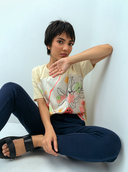 Beechtree - Beige Floral Printed Silk Panel T-shirt