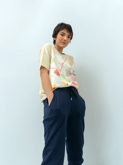 Beechtree - Beige Floral Printed Silk Panel T-shirt