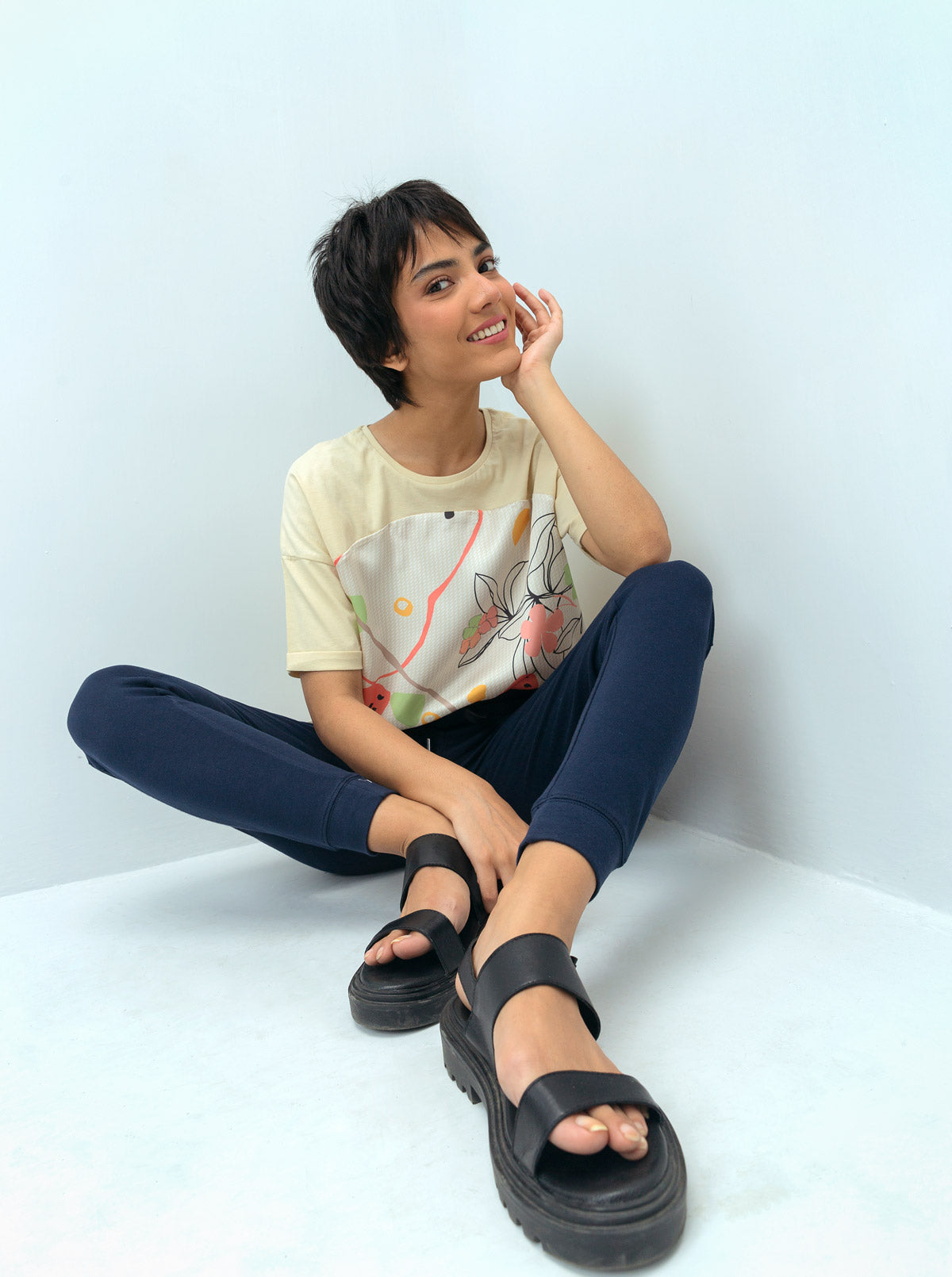 Beechtree - Beige Floral Printed Silk Panel T-shirt