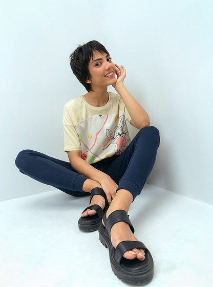 Beechtree - Beige Floral Printed Silk Panel T-shirt