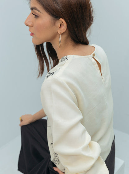 Beechtree - Cream Color Block Black Sequin Blouse