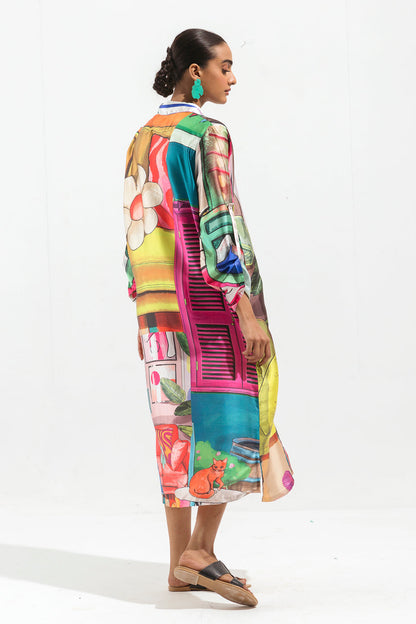 Beechtree - Printed Silk Button Down Long Dress