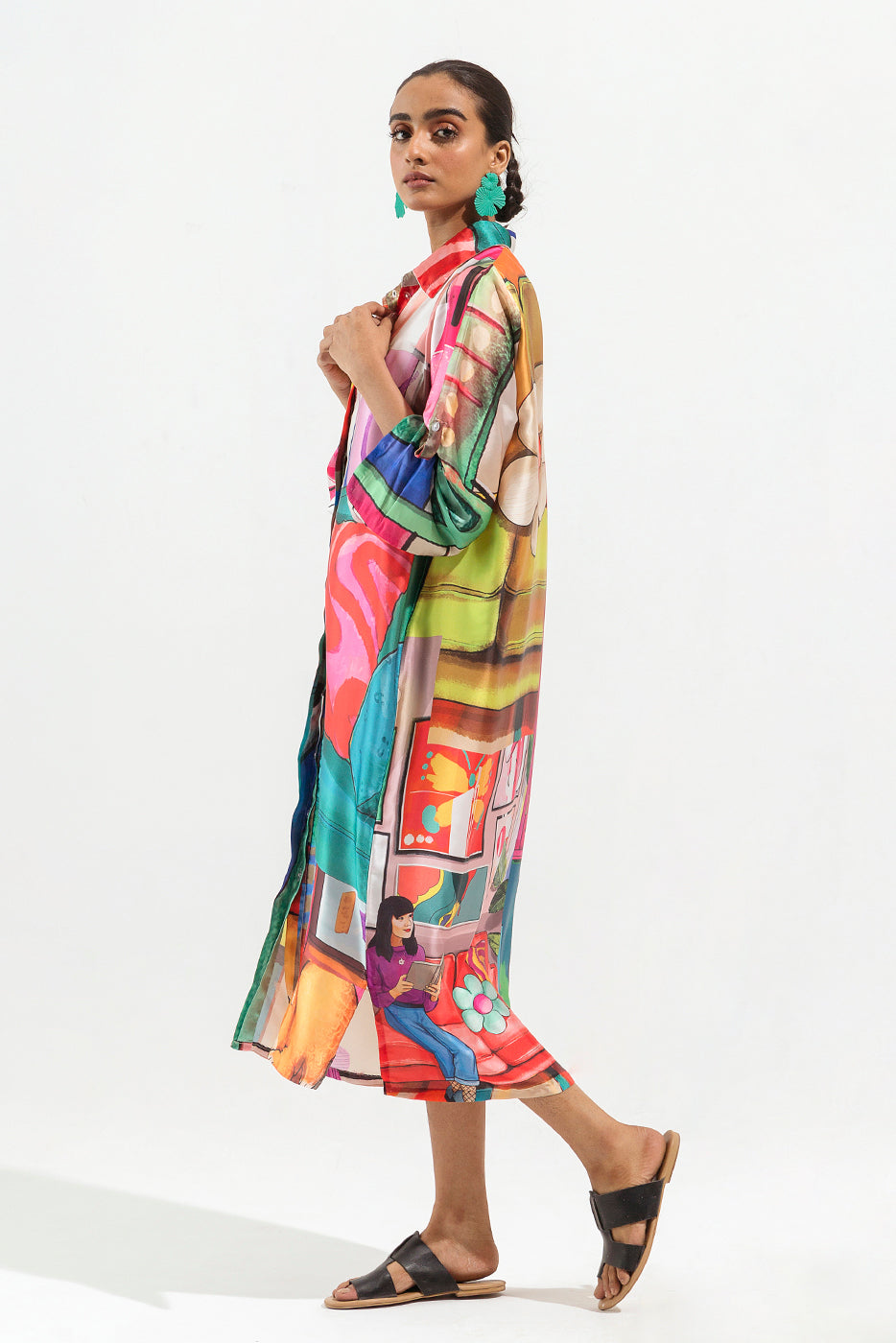 Beechtree - Printed Silk Button Down Long Dress