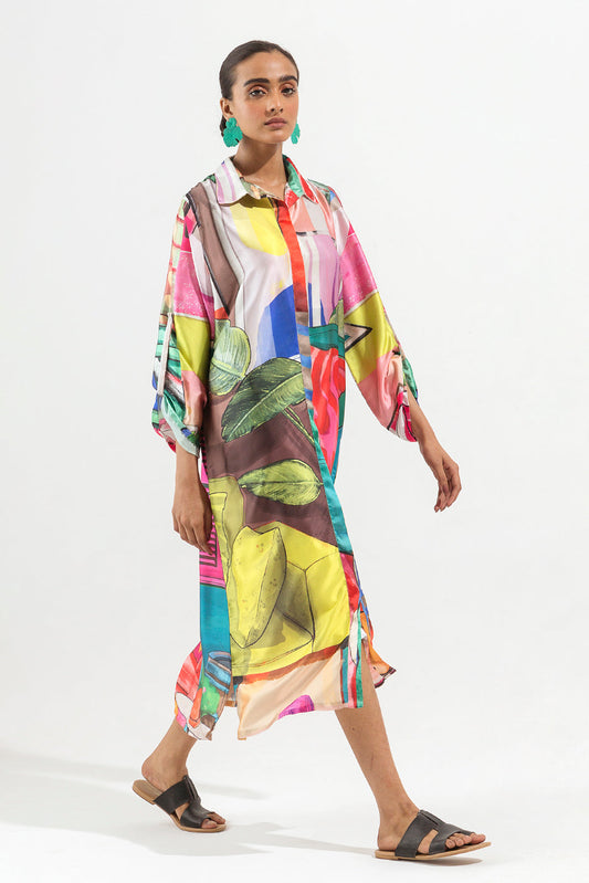 Beechtree - Printed Silk Button Down Long Dress