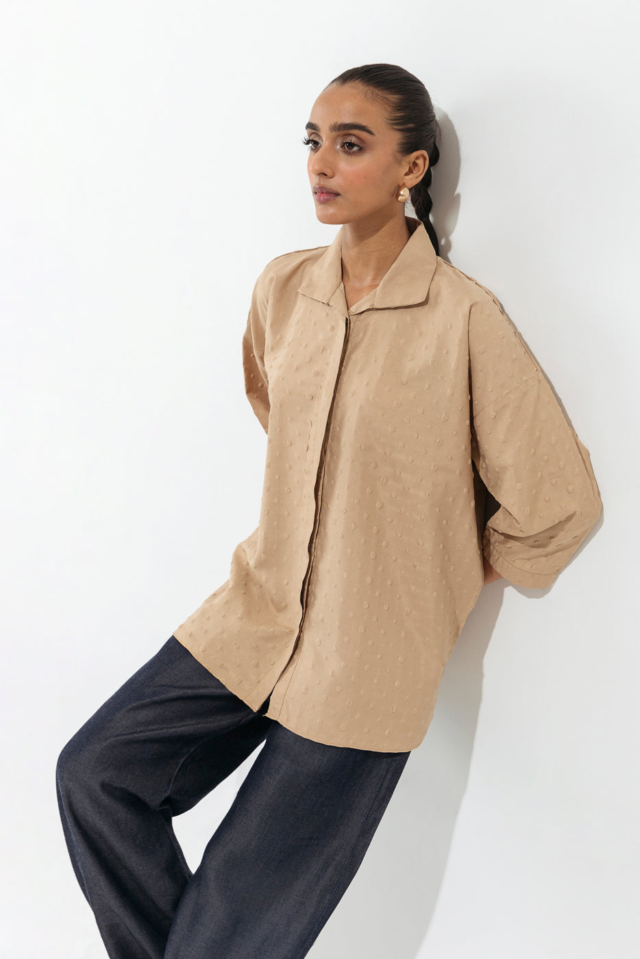 Beechtree - Beige Textured Button Down Shirt