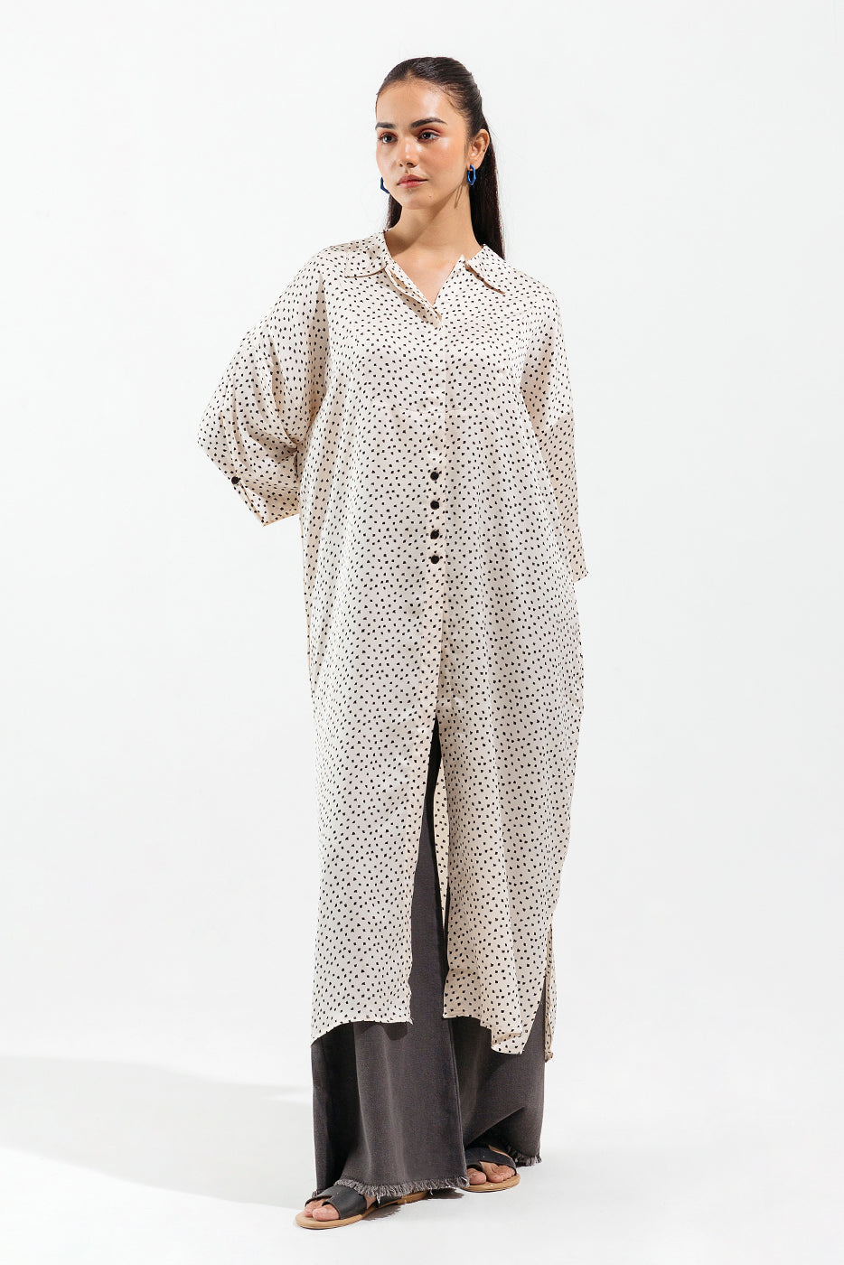 Beechtree - Biege Printed Silk Long Dress