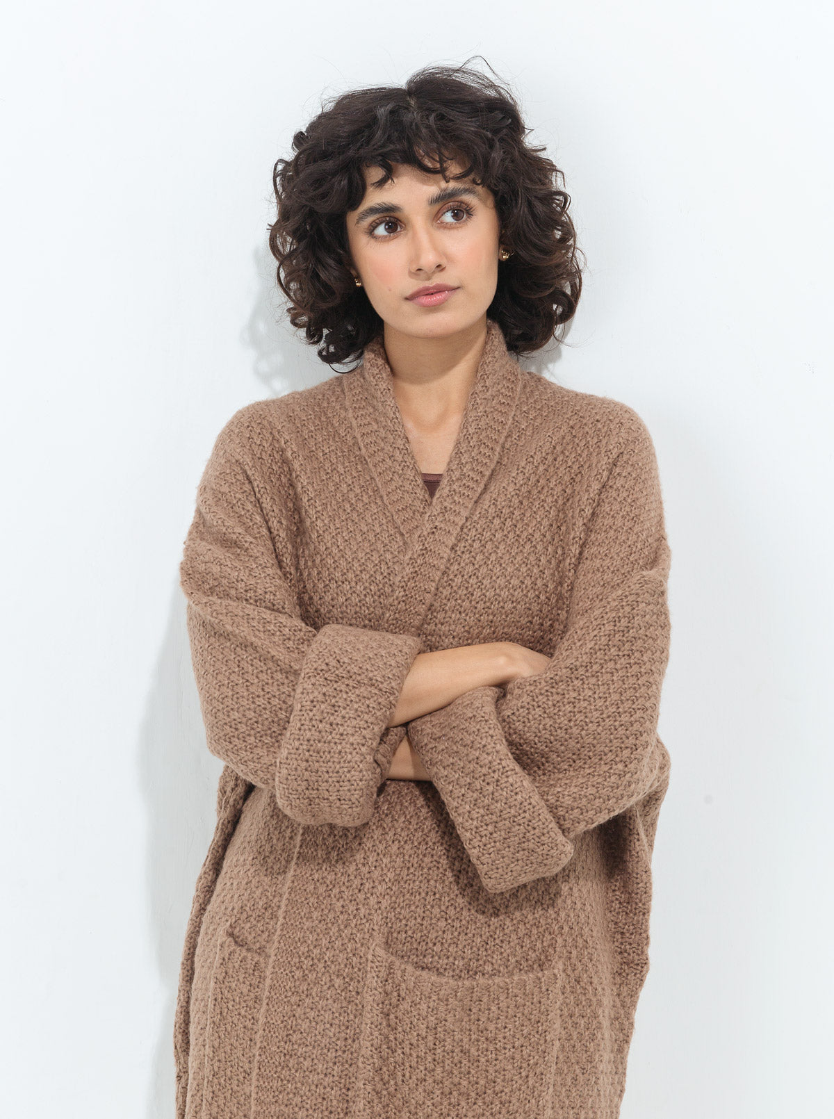 Beechtree - Dark Beige  Lapel Textured Knit Shrug