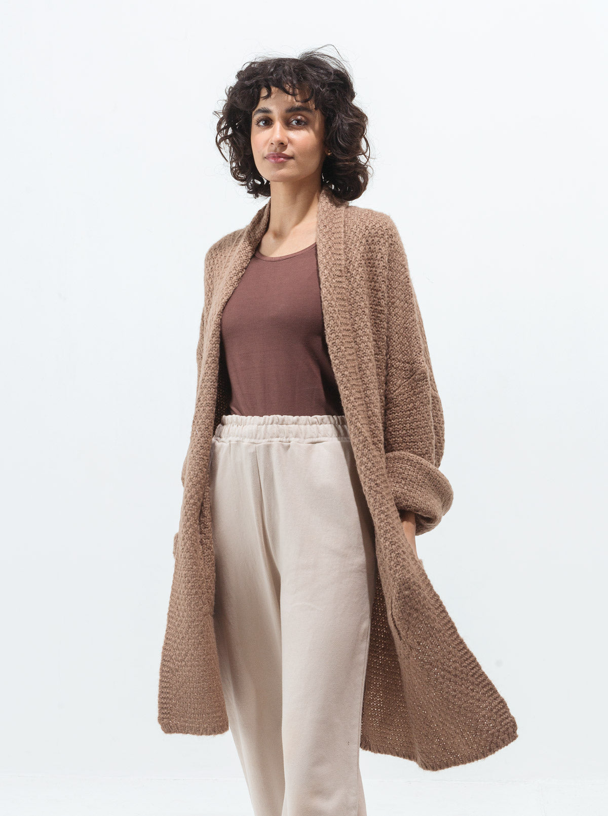 Beechtree - Dark Beige  Lapel Textured Knit Shrug
