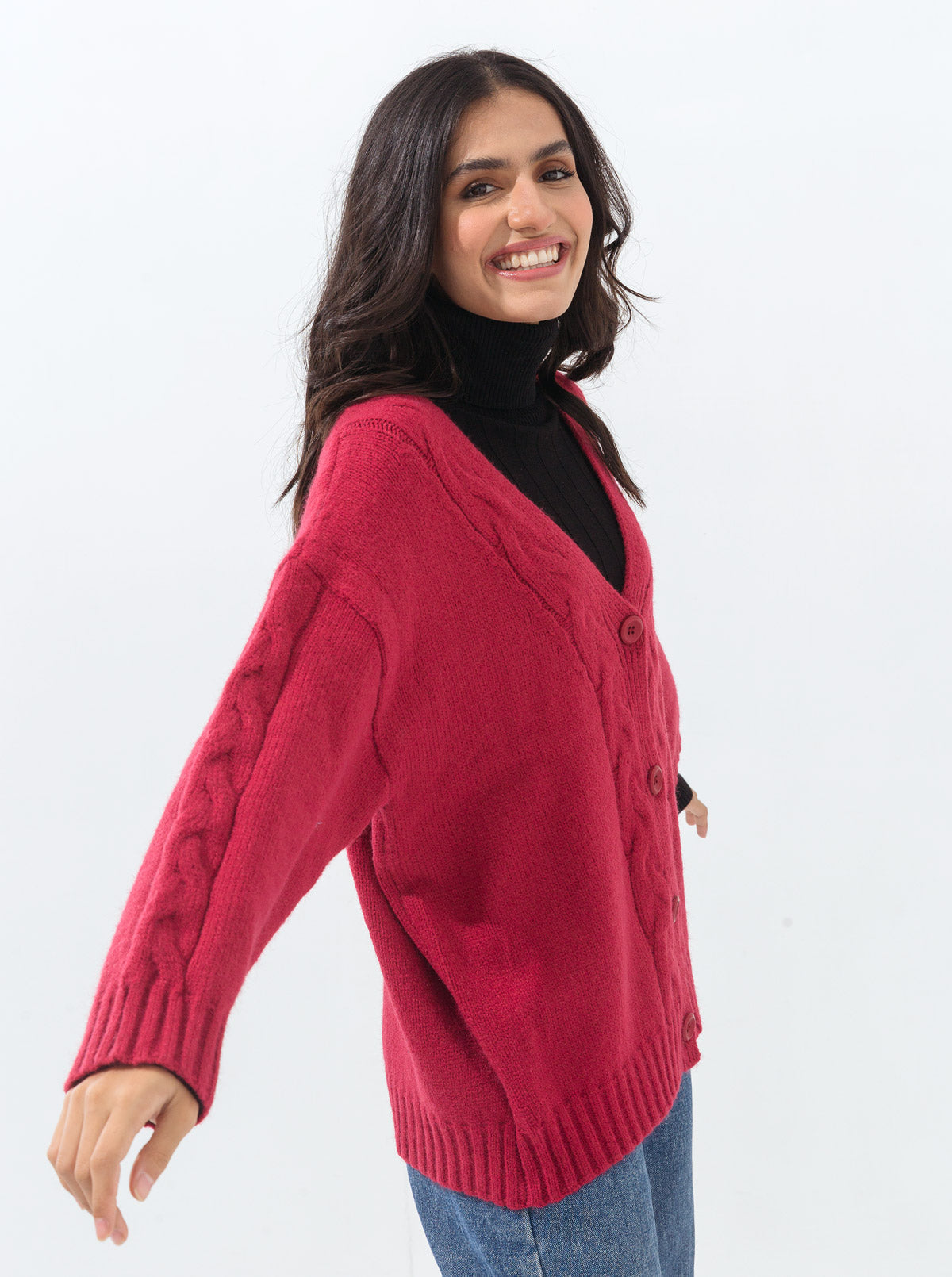 Beechtree - Dull Red Oversized Braid Knit Cardigan