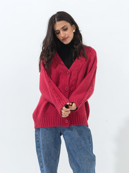 Beechtree - Dull Red Oversized Braid Knit Cardigan