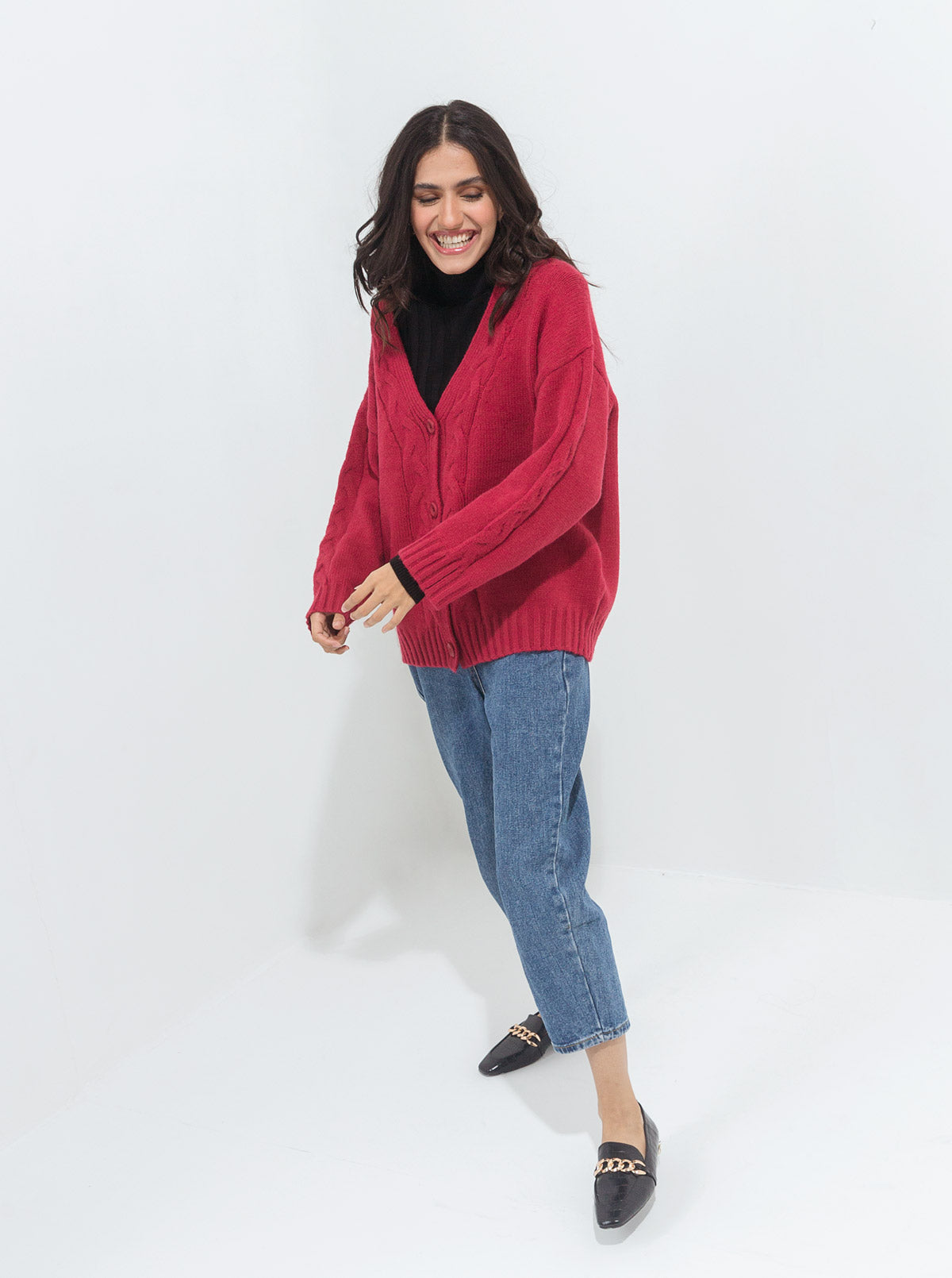 Beechtree - Dull Red Oversized Braid Knit Cardigan