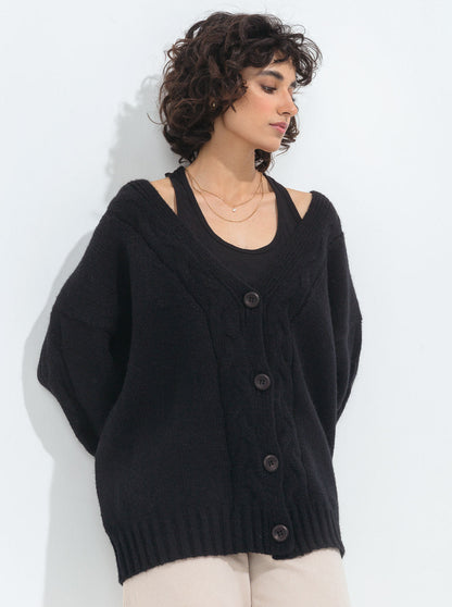 Beechtree - Black Oversized Braid Knit Cardigan