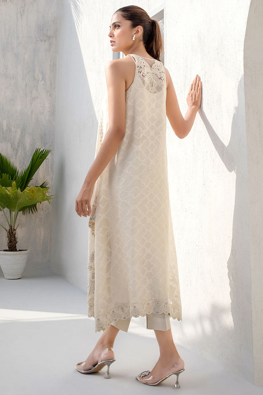 Ivory Cotton Net Kurta With Drop Corners And Embroidery Detailing