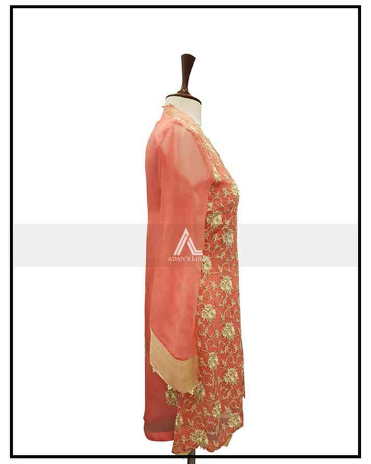 Adan's Libas - CORAL EMBROIDERED CHIFFON - STITCHED SHIRT