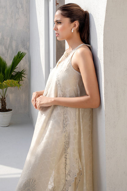 Ivory Cotton Net Kurta With Drop Corners And Embroidery Detailing