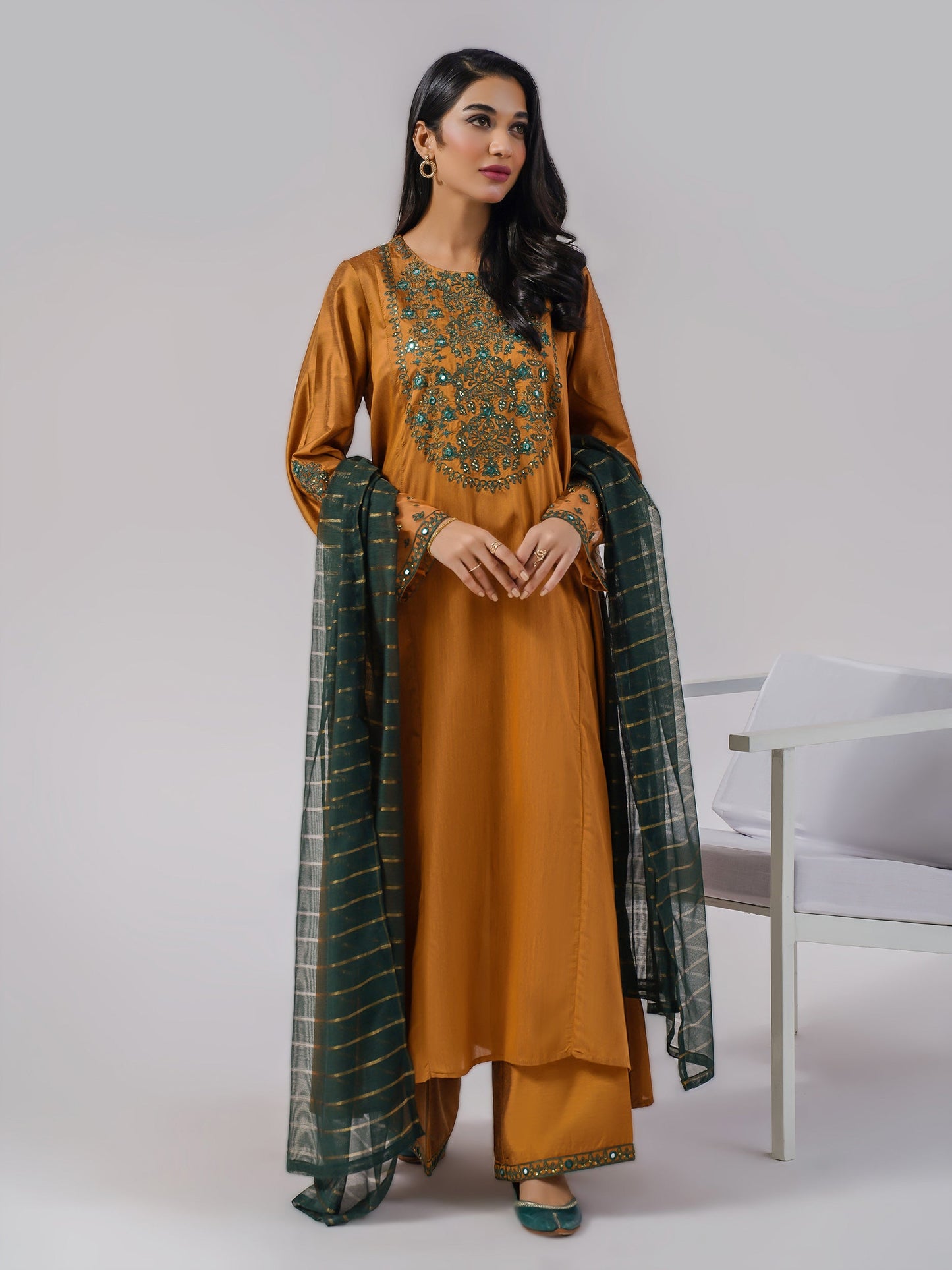 3 Piece Raw Silk Suit-Embroidered (Pret)