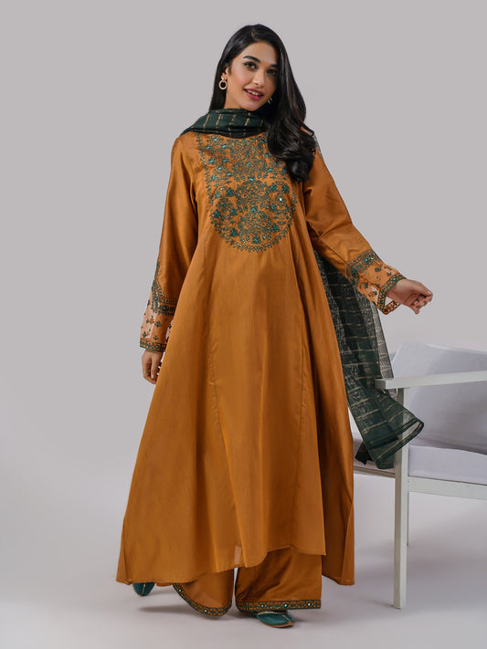 3 Piece Raw Silk Suit-Embroidered (Pret)