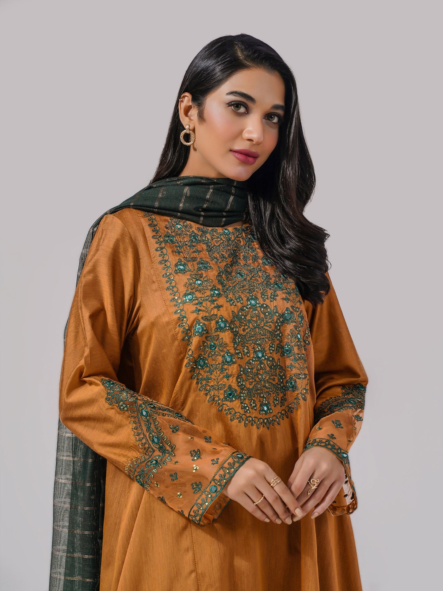 3 Piece Raw Silk Suit-Embroidered (Pret)