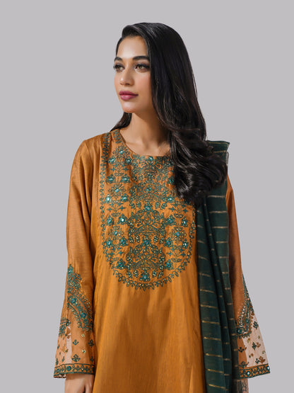 3 Piece Raw Silk Suit-Embroidered (Pret)